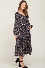 Black Cinched Tie Waist Maternity Midi Dress