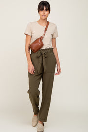 Olive Paper Bag Waist Cropped Pants