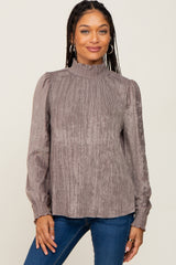 Mocha Velvet Pleated Mock Neck Blouse