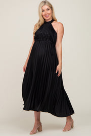 Black Pleated Maternity Halter Dress