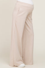 Beige Wide Leg Fray Hem Maternity Sweatpants