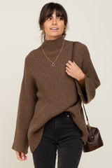 Brown Rib Knit Mock Neck Sweater