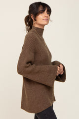 Brown Rib Knit Mock Neck Sweater