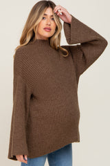 Brown Rib Knit Mock Neck Maternity Sweater