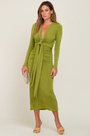 Green Draped Deep V-Neck Maxi Dress