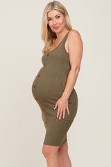 Olive Button Accent Knit Maternity Dress