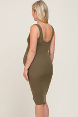 Olive Button Accent Knit Maternity Dress