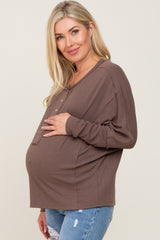 Mocha Ribbed Dolman Sleeve Maternity Henley Top