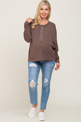 Mocha Ribbed Dolman Sleeve Maternity Henley Top