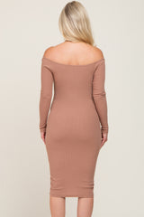 Taupe Off Shoulder Front Cutout Maternity Dress