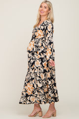 Black Floral V-Neck Maternity Midi Dress