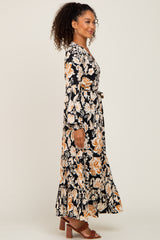 Black Floral V-Neck Midi Dress