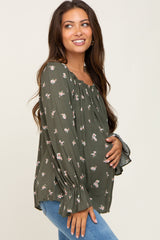 Olive Floral Off Shoulder Long Sleeve Maternity Blouse