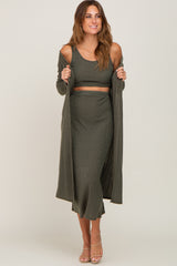 Green 3-Piece Skirt and Cardigan Set