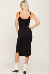 Black Ribbed Sleeveless Curved Hem Midi Dress