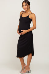 Black Ribbed Sleeveless Curved Hem Maternity Midi Dress