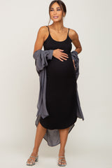 Black Ribbed Sleeveless Curved Hem Maternity Midi Dress