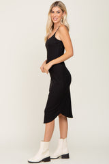 Black Ribbed Sleeveless Curved Hem Midi Dress