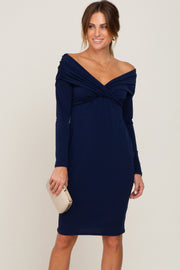 Navy Ruched Off Shoulder Long Sleeve Dress