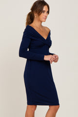 Navy Ruched Off Shoulder Long Sleeve Dress