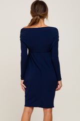 Navy Ruched Off Shoulder Long Sleeve Dress