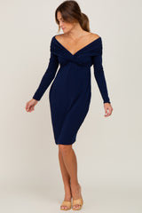 Navy Ruched Off Shoulder Long Sleeve Dress