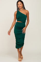 Forest Green Ruched Cutout One Shoulder Dress