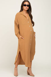 Gold Button Down Front Pocket Maternity Midi Dress