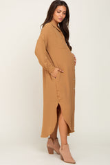 Gold Button Down Front Pocket Maternity Midi Dress