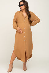 Gold Button Down Front Pocket Maternity Midi Dress