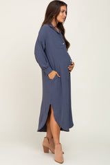 Blue Grey Button Down Front Pocket Maternity Midi Dress