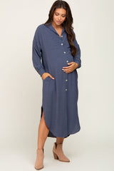 Blue Grey Button Down Front Pocket Maternity Midi Dress