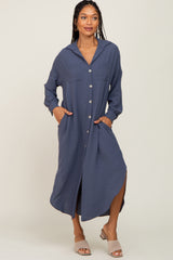 Blue Grey Button Down Front Pocket Maternity Midi Dress