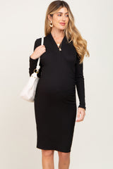 Black Ribbed Ruched Wrap Maternity Dress