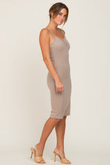 Beige Brushed Sleeveless Sweetheart Neck Dress