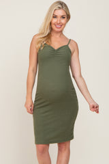 Olive Brushed Sleeveless Sweetheart Neck Maternity Dress