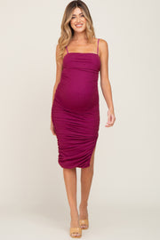 Magenta Glitter Ruched Side Slit Maternity Fitted Dress