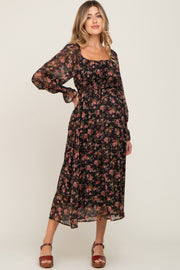 Black Floral Chiffon Smocked Waist Maternity Midi Dress