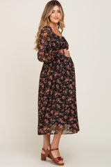 Black Floral Chiffon Smocked Waist Maternity Midi Dress