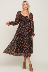 Black Floral Chiffon Smocked Waist Maternity Midi Dress