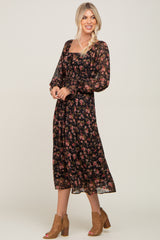 Black Floral Chiffon Smocked Waist Midi Dress