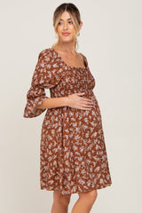 Brown Floral Ruffle Sleeve Smocked Maternity Dress