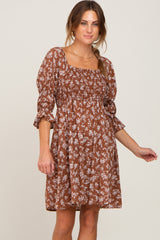 Brown Floral Ruffle Sleeve Smocked Maternity Dress