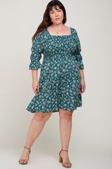 Forest Green Floral Ruffle Sleeve Smocked Maternity Plus Dress