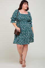 Forest Green Floral Ruffle Sleeve Smocked Plus Dress