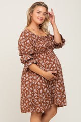 Brown Floral Ruffle Sleeve Smocked Maternity Plus Dress