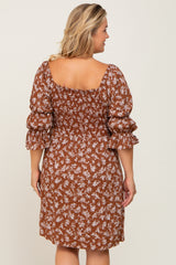 Brown Floral Ruffle Sleeve Smocked Maternity Plus Dress