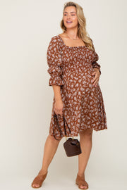 Brown Floral Ruffle Sleeve Smocked Maternity Plus Dress