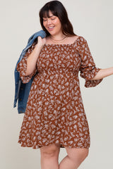 Brown Floral Ruffle Sleeve Smocked Maternity Plus Dress