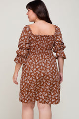 Brown Floral Ruffle Sleeve Smocked Plus Dress